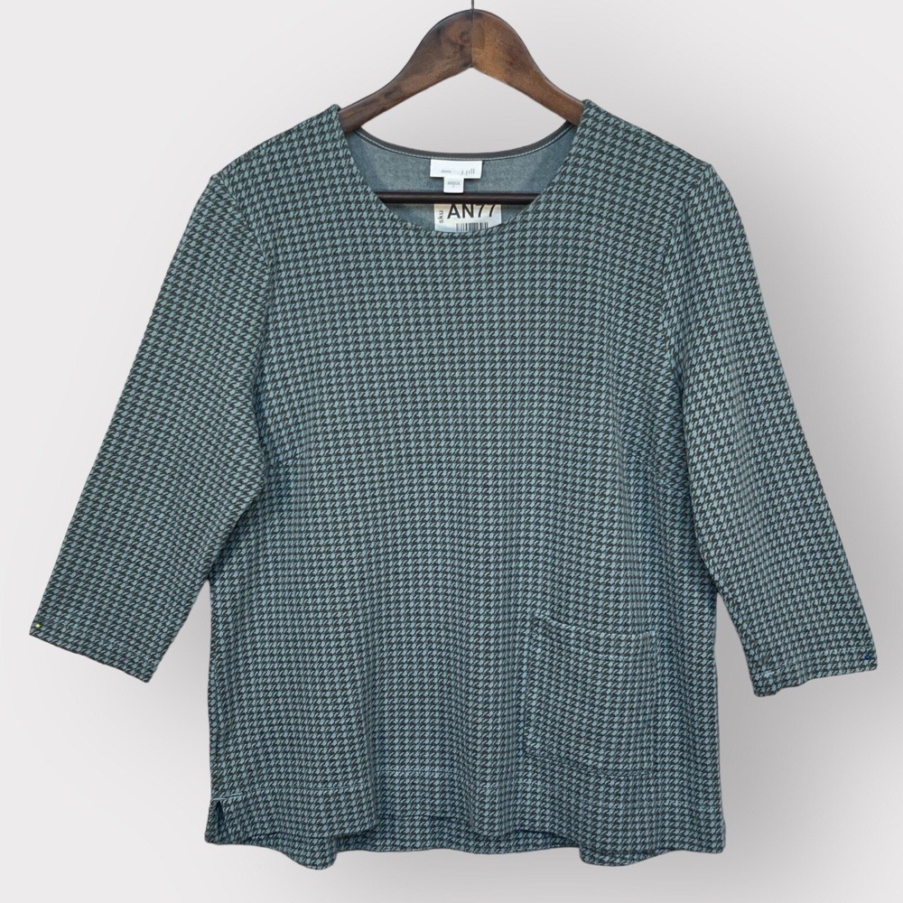 J. Jill Ponte Top Women Large Blue Houndstooth 3/4 Sleeve Patch Pocket Excellent